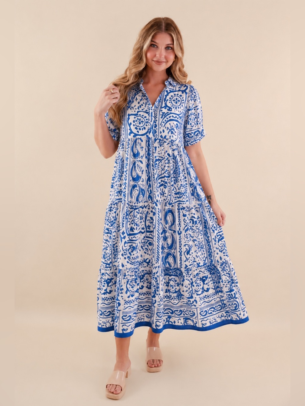Juliana’s Blue White Paisley Tiered Midi Dress L Belted Lightweight Cotton Rayon